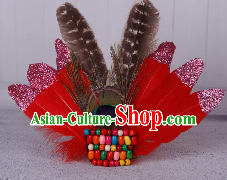 Halloween Catwalks Red Feather Hair Accessories Cosplay Primitive Tribe Feather Hair Clasp for Kids