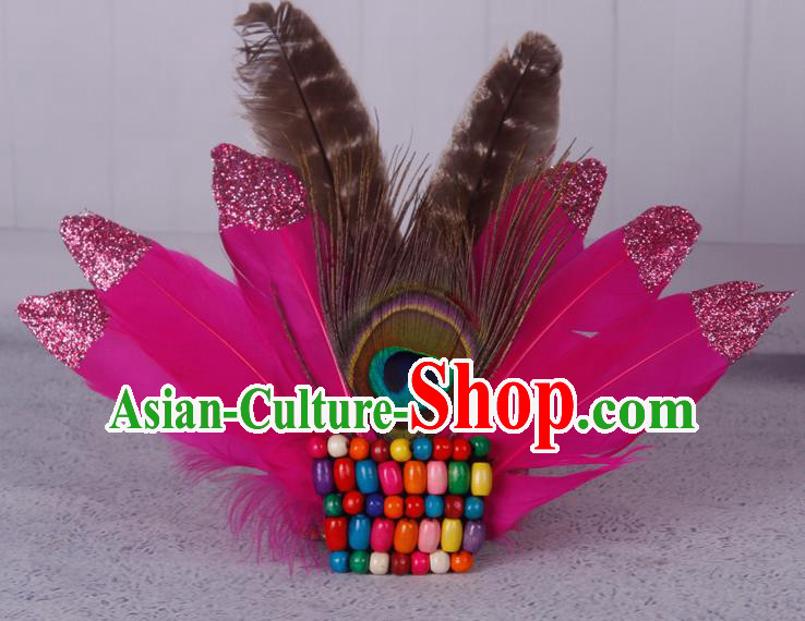 Halloween Catwalks Rosy Feather Hair Accessories Cosplay Primitive Tribe Feather Hair Clasp for Kids