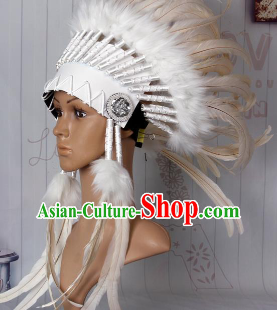 Halloween Performance Catwalks Headwear Cosplay Apache Knight Hair Accessories White Feather Hat for Adults