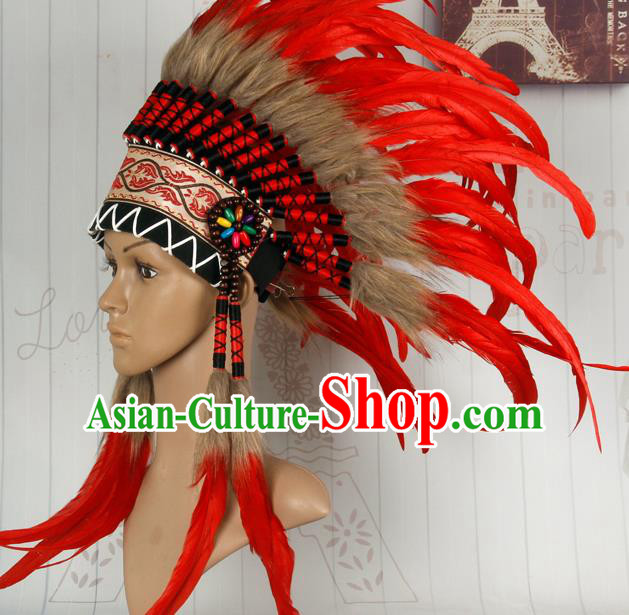 Halloween Performance Catwalks Headwear Cosplay Apache Knight Hair Accessories Red Feather Hat for Adults