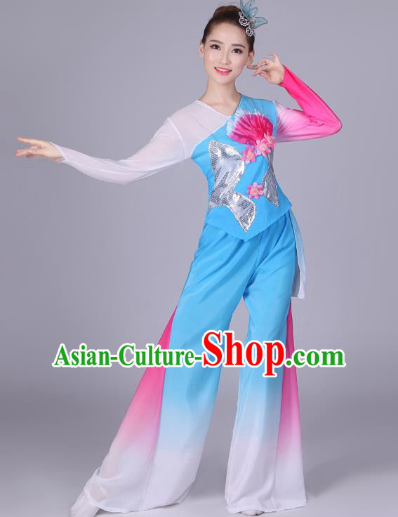 Chinese Traditional Classical Dance Costumes Folk Dance Yanko Fan Dance Blue Clothing for Women