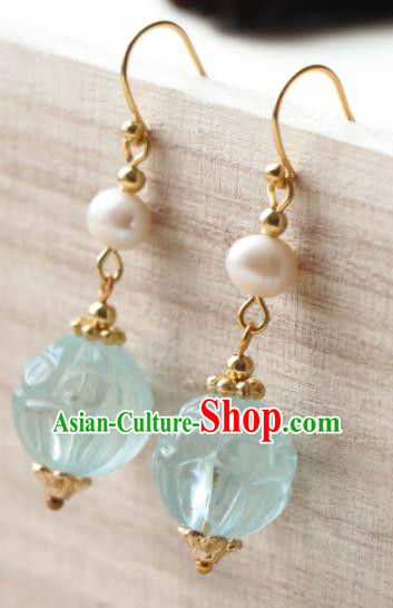 Traditional Chinese Earrings Ancient Handmade Palace Lady Blue Bead Ear Accessories for Women