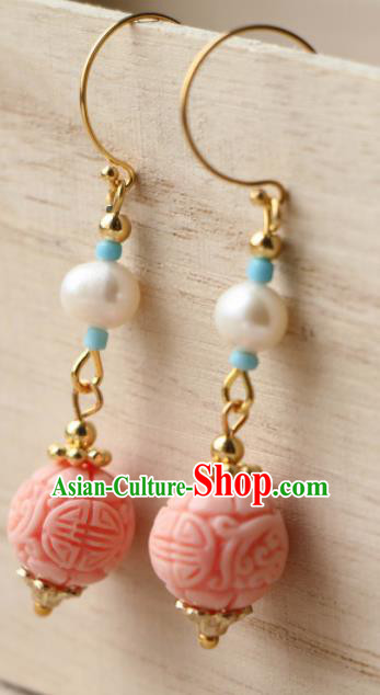 Traditional Chinese Earrings Ancient Handmade Palace Lady Pink Bead Ear Accessories for Women