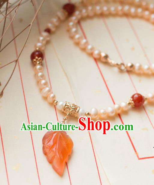 Traditional Chinese Handmade Pearls Necklace Ancient Leaf Necklet Accessories for Women