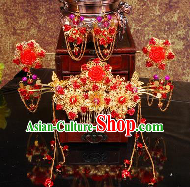 Chinese Traditional Handmade Xiuhe Suit Hair Accessories Ancient Bride Hairpins Complete Set for Women