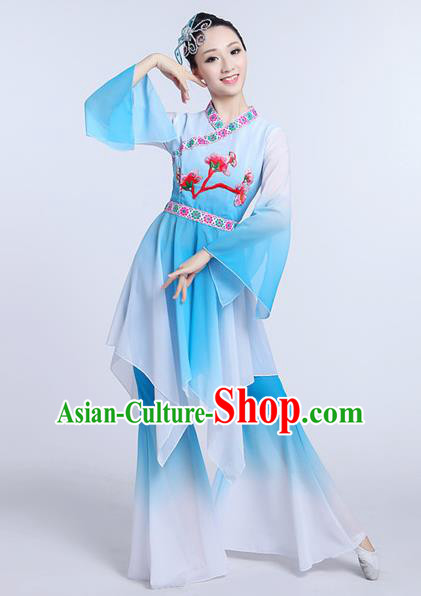 Chinese Traditional Classical Dance Costumes Folk Dance Yanko Fan Dance Blue Clothing for Women