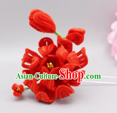 Chinese Traditional Handmade Hair Accessories Ancient Qing Dynasty Queen Red Velvet Flower Hairpins for Women