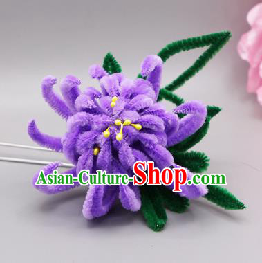 Chinese Traditional Handmade Hair Accessories Ancient Qing Dynasty Queen Purple Velvet Flower Hairpins for Women