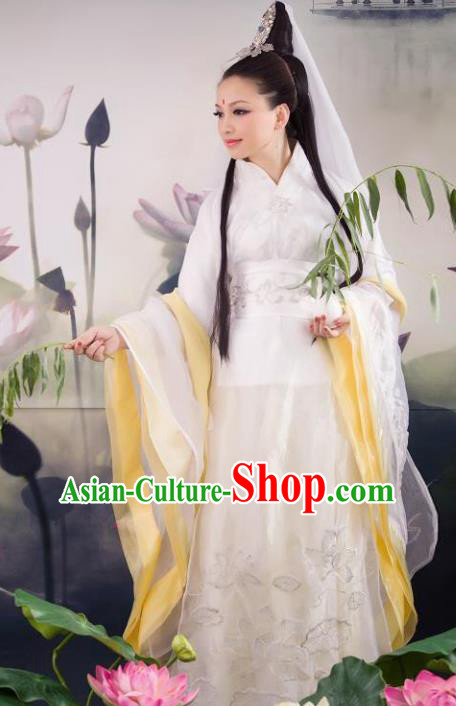 Traditional Chinese Ancient Goddess Matsu Costumes Cosplay Arya Avalokiteshvara Hanfu Dress and Headpiece for Women