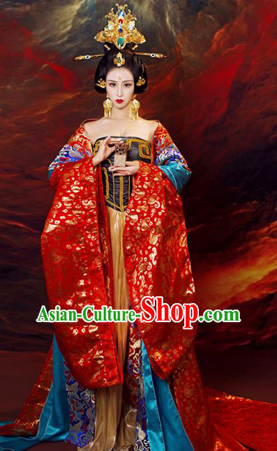 Chinese Ancient Cosplay Queen Replica Costumes Traditional Tang Dynasty Empress Hanfu Dress and Headpiece for Women