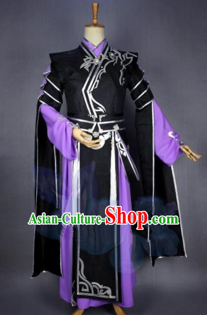 Asian Chinese Cosplay Swordsman Black Costumes Ancient Royal Highness Clothing for Men