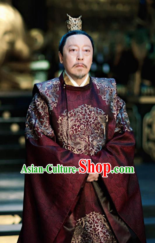 Chinese Ancient Tang Dynasty Imperial Emperor Costumes The Rise of Phoenixes King Clothing and Headpiece Complete Set