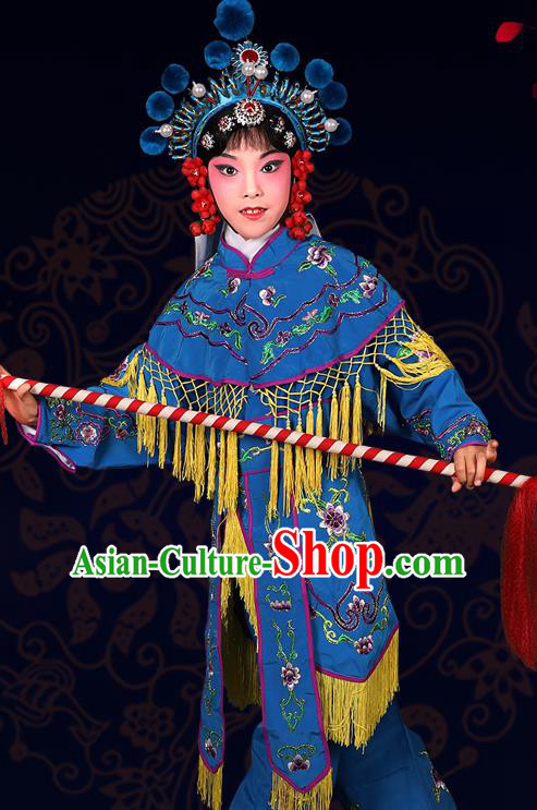 Chinese Traditional Peking Opera Blues Costumes Ancient Female Warriors Blue Clothing for Kids