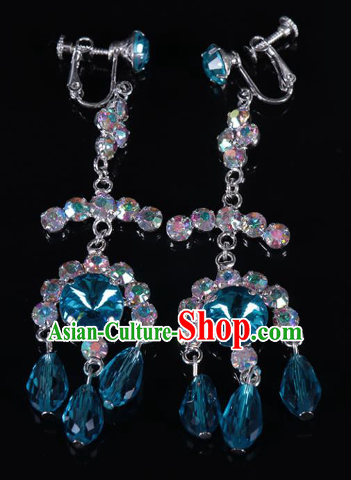 Chinese Traditional Peking Opera Jewelry Accessories Blue Crystal Earrings for Women