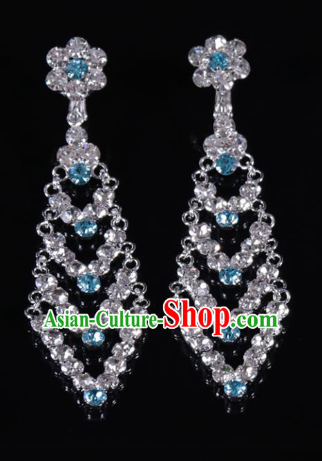 Chinese Traditional Peking Opera Diva Jewelry Accessories Blue Crystal Earrings for Women