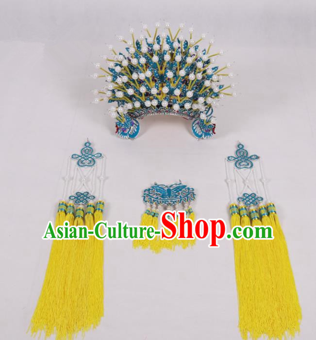 Chinese Traditional Peking Opera Actress Hat Ancient Bride Yellow Tassel Phoenix Coronet for Adults