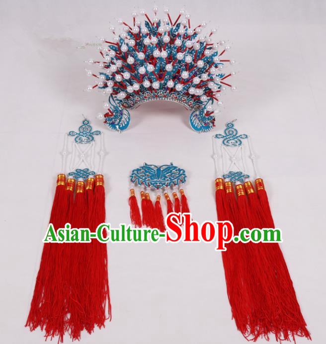 Chinese Traditional Peking Opera Actress Hat Ancient Bride Red Tassel Phoenix Coronet for Adults