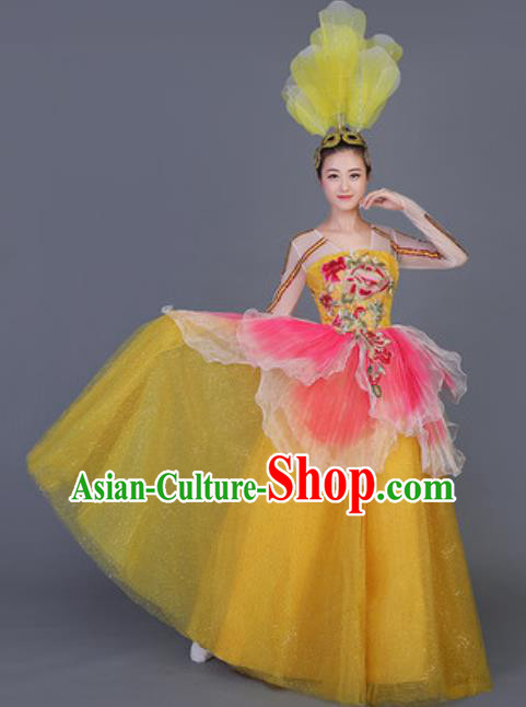 Professional Opening Dance Costume Stage Performance Flowers Yellow Dress for Women