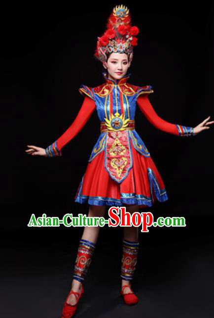 Chinese Traditional Mongol Nationality Folk Dance Costume Mongolian Drum Dance Red Dress for Women