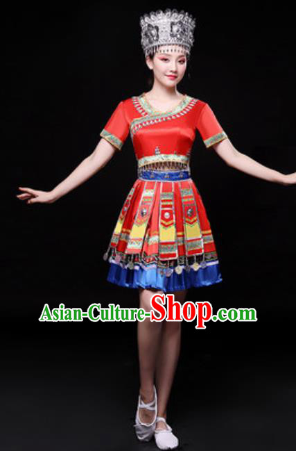 Chinese Traditional Miao Nationality Folk Dance Costume Hmong Minority Dance Red Dress for Women