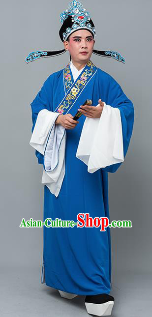 Chinese Traditional Peking Opera Niche Costume Ancient Gifted Scholar Blue Robe for Adults