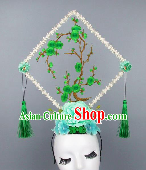 Handmade Halloween Green Plum Blossom Square Hair Accessories Chinese Stage Performance Hair Clasp Headdress for Women