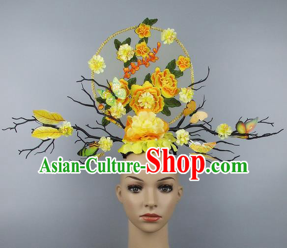 Handmade Halloween Yellow Peony Hair Accessories Chinese Stage Performance Hair Clasp Headdress for Women