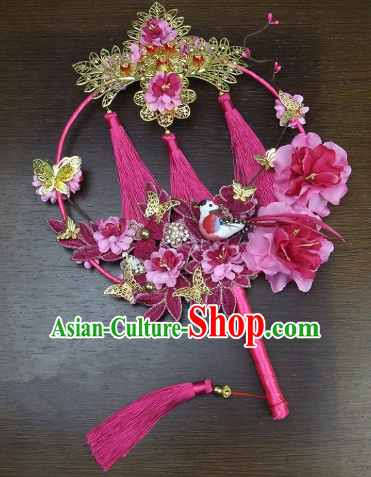 Chinese Traditional Wedding Bride Round Fans Ancient Handmade Palace Fans for Women