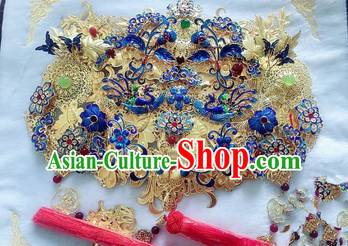 Handmade Chinese Ancient Blueing Hair Accessories Phoenix Coronet Hanfu Hairpins Complete Set for Women