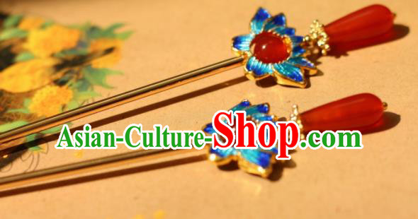 Chinese Traditional Handmade Agate Hair Clip Hair Accessories Ancient Blueing Lotus Hairpins for Women
