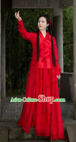 Chinese Ancient Traditional Red Hanfu Dress Qin Dynasty Swordswoman Embroidered Costumes for Women