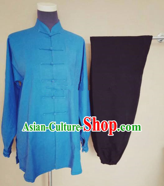 Chinese Traditional Martial Arts Linen Costumes Tai Chi Tai Ji Training Blue Shirt and Black Pants for Adults