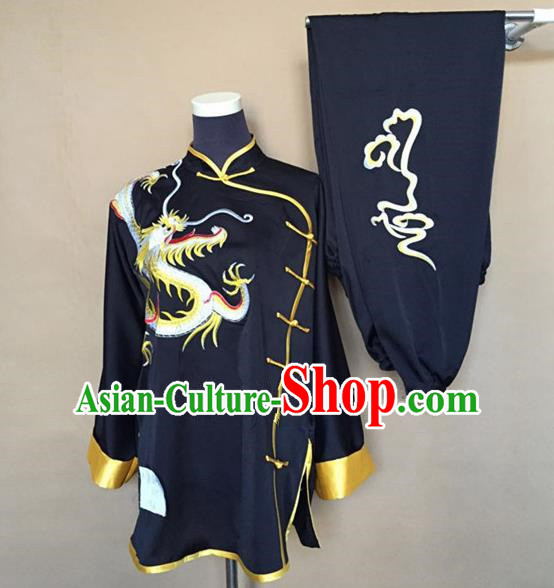 Chinese Traditional Martial Arts Black Costumes Tai Chi Kung Fu Training Embroidered Dragon Clothing for Adults
