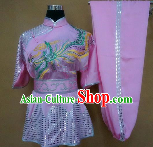 Chinese Traditional Kung Fu Martial Arts Embroidered Phoenix Costumes Tai Chi Training Pink Clothing for Women