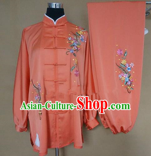 Chinese Traditional Kung Fu Embroidered Orange Costumes Martial Arts Tai Chi Training Clothing for Women