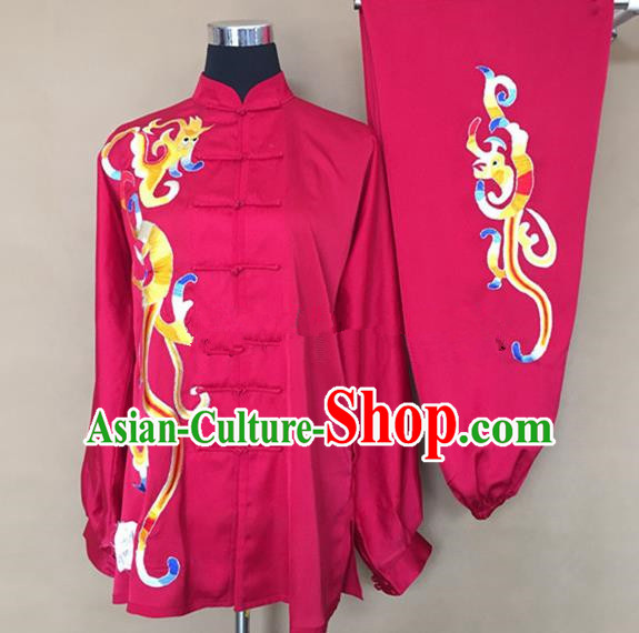 Chinese Traditional Kung Fu Embroidered Rosy Silk Costumes Martial Arts Tai Chi Training Clothing for Women