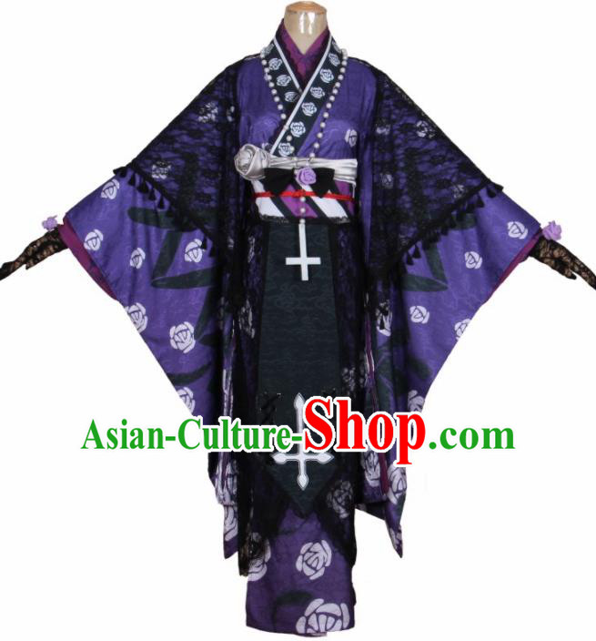 Asian Japanese Traditional Cosplay Costumes Ancient Purple Furisode Kimono Yukata Clothing for Women