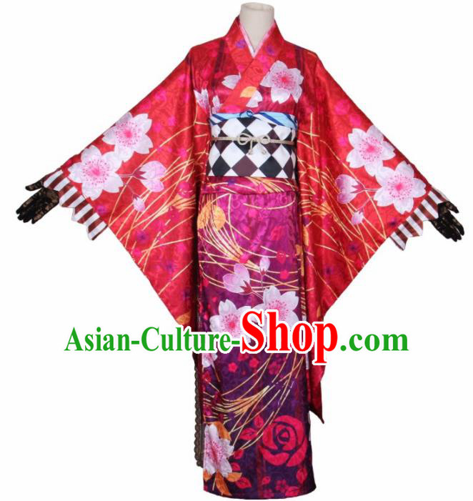 Asian Japanese Traditional Cosplay Costumes Ancient Yokime Printing Sakura Furisode Kimono Yukata Clothing for Women