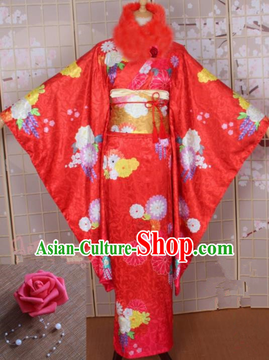 Asian Japanese Traditional Cosplay Costumes Ancient Yokime Red Furisode Kimono Yukata Clothing for Women