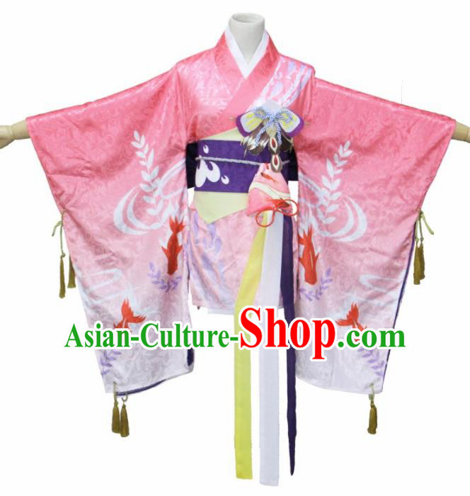 Asian Traditional Kimono Cosplay Costumes Japanese Ancient Geisha Pink Furisode Yukata Clothing for Women