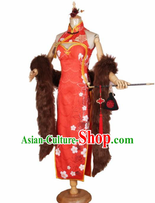 Chinese Traditional Cosplay Costumes Cheongsam Red Qipao Dress for Women