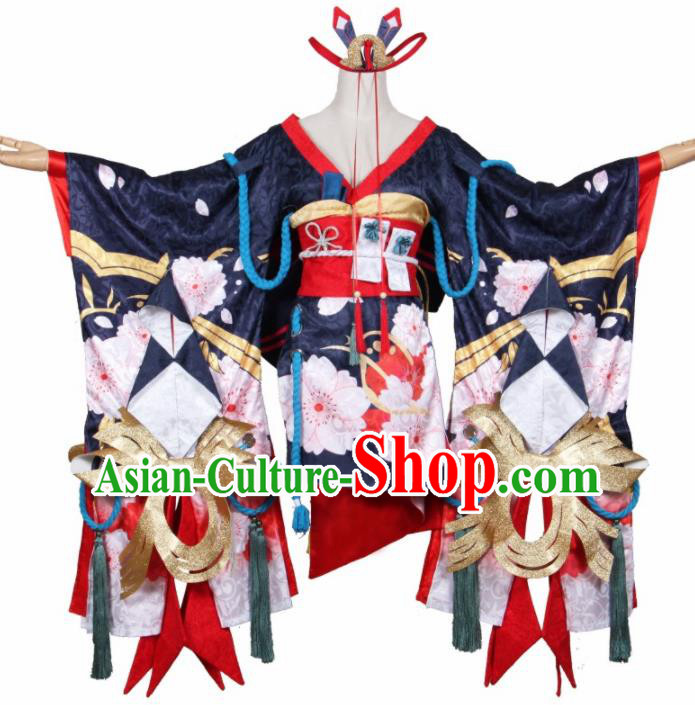 Asian Traditional Navy Furisode Kimono Cosplay Costumes Japanese Ancient Geisha Yukata Clothing for Women