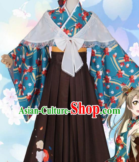 Asian Japanese Traditional Green Furisode Kimono Cosplay Costumes Ancient Geisha Yukata Clothing for Women