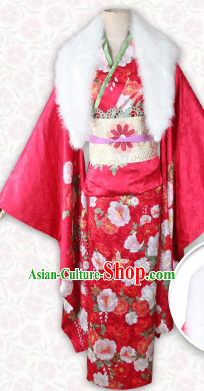 Asian Japanese Traditional Costumes Red Furisode Kimono Ancient Cosplay Geisha Yukata Clothing for Women