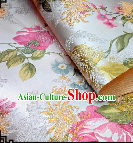 Asian Chinese Traditional Tang Suit Fabric White Brocade Silk Material Classical Peony Chrysanthemum Pattern Design Drapery