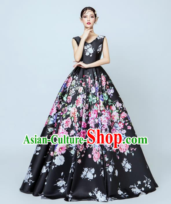 Top Performance Catwalks Costumes Wedding Printing Black Full Dress for Women