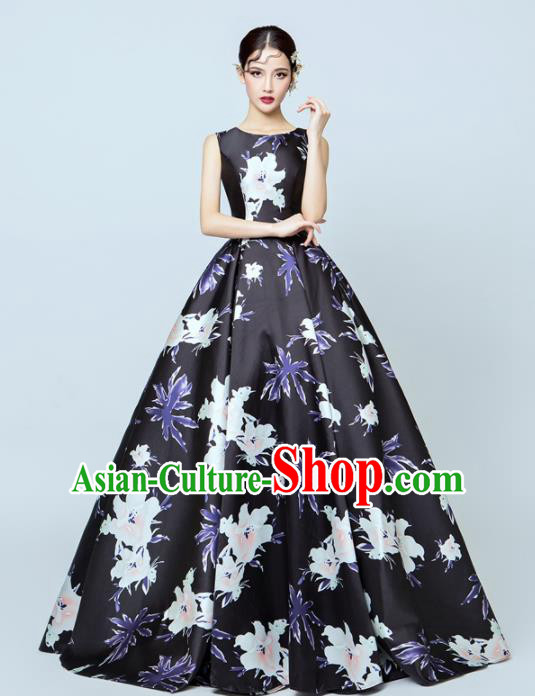 Top Performance Catwalks Costumes Wedding Printing Flowers Black Full Dress for Women