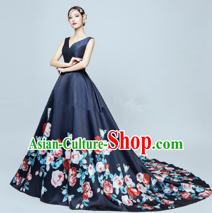 Top Performance Catwalks Costumes Wedding Printing Rose Navy Full Dress for Women