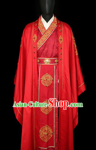 Chinese Traditional Bridegroom Wedding Costumes Ancient Swordsman Red Clothing for Men