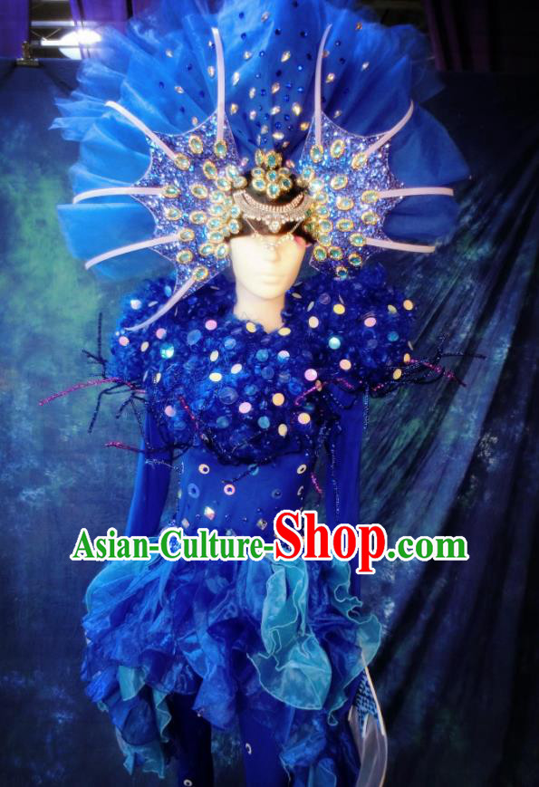 Top Grade Stage Performance Costumes Sea World Cosplay Blue Clothing and Headdress for Women